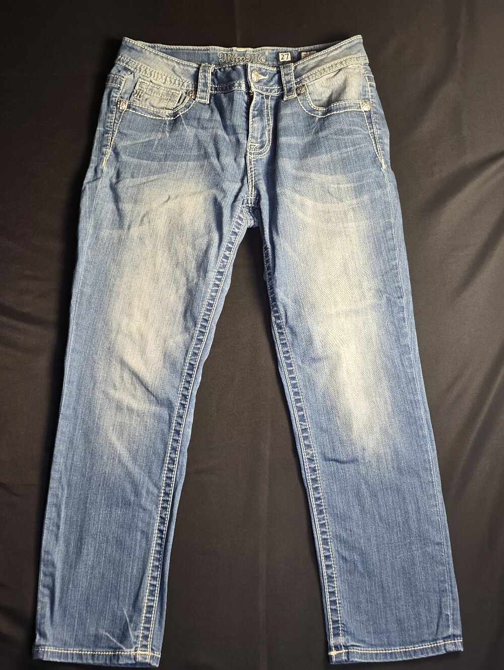 Miss Me Mid-Rise Easy Crop Rhinestone Flap Pocket Jeans 27